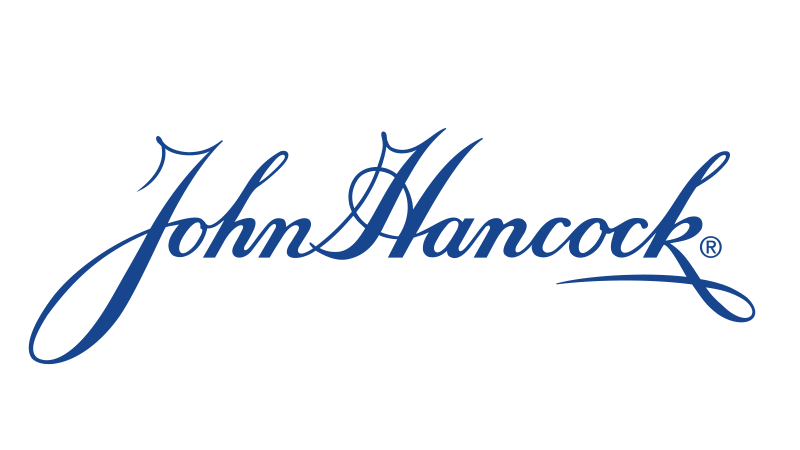 A blue and white logo of john hancock