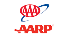 A red and blue logo for the aarp and aaa.